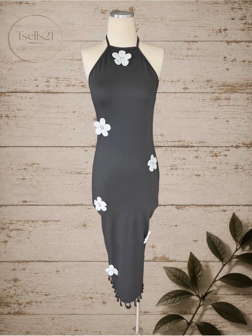SHEIN Black Halter Midi/Maxi Dress with 3D Flower Appliques - Size S
